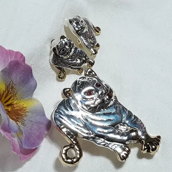 Silver Tone Tiger Earrings & Pendant/Pin Set Statement Best Brand Wild Animal - Picture 4 of 11